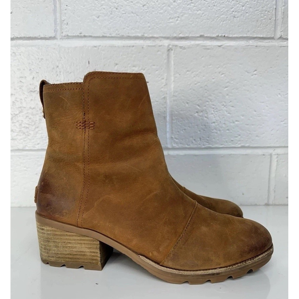 Sorel Cate Waterproof Leather Suede Bootie Size 10 Brown Side Zip Block Heel